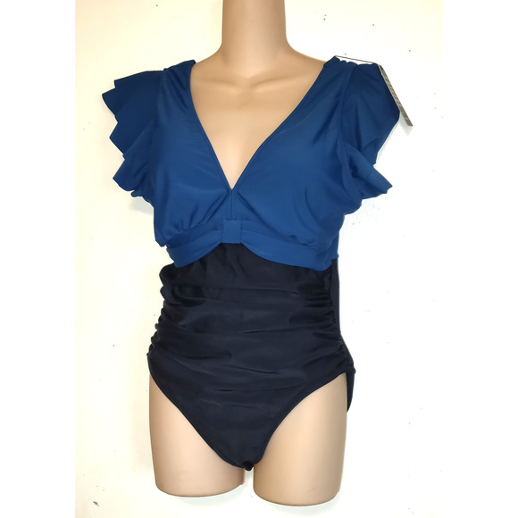 Bloomin Jelly Swimsuit LARGE Tiered Flutter Sleeves Ruching Turquoise Black NWT - Picture 1 of 16
